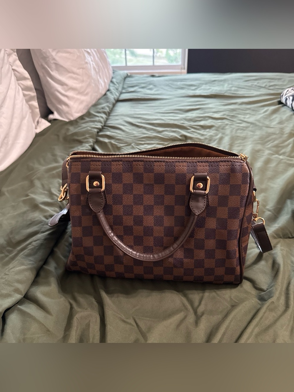 Othr Brown Checker Satchel with Gold Hardware